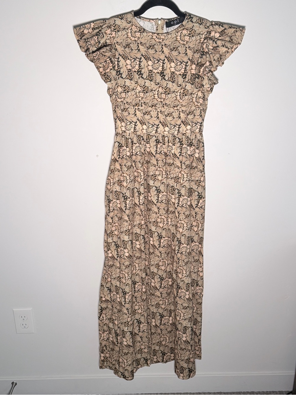 O.P.T. Floral Print Ruffle Sleeve Maxi Dress in Beige 100% Cotton S - Picture 3 of 8